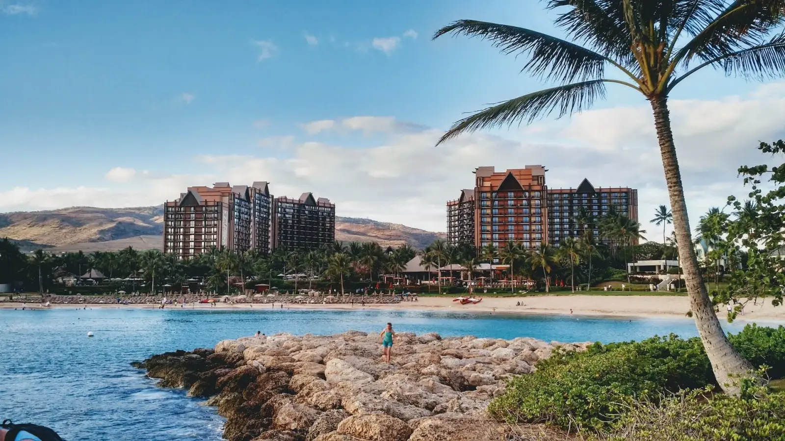Aulani, a Disney Resort & Spa, above the beach and lagoon at Ko Olina, Hawaii