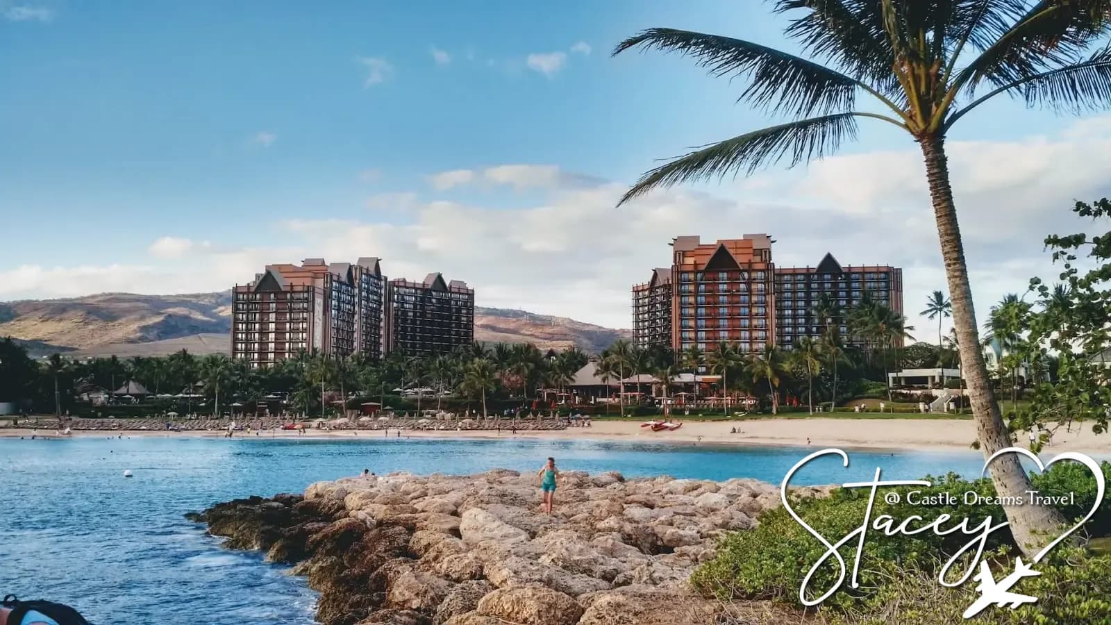 Aulani, a Disney Resort & Spa, towers above the beach and lagoon at Ko Olina, Hawaii