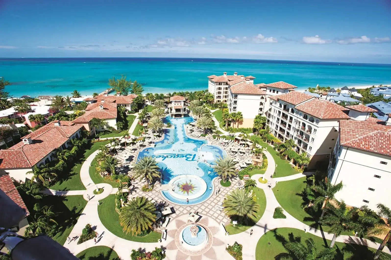 Aerial view of a family-friendly Beaches all-inclusive resort with pools beside a turquoise ocean