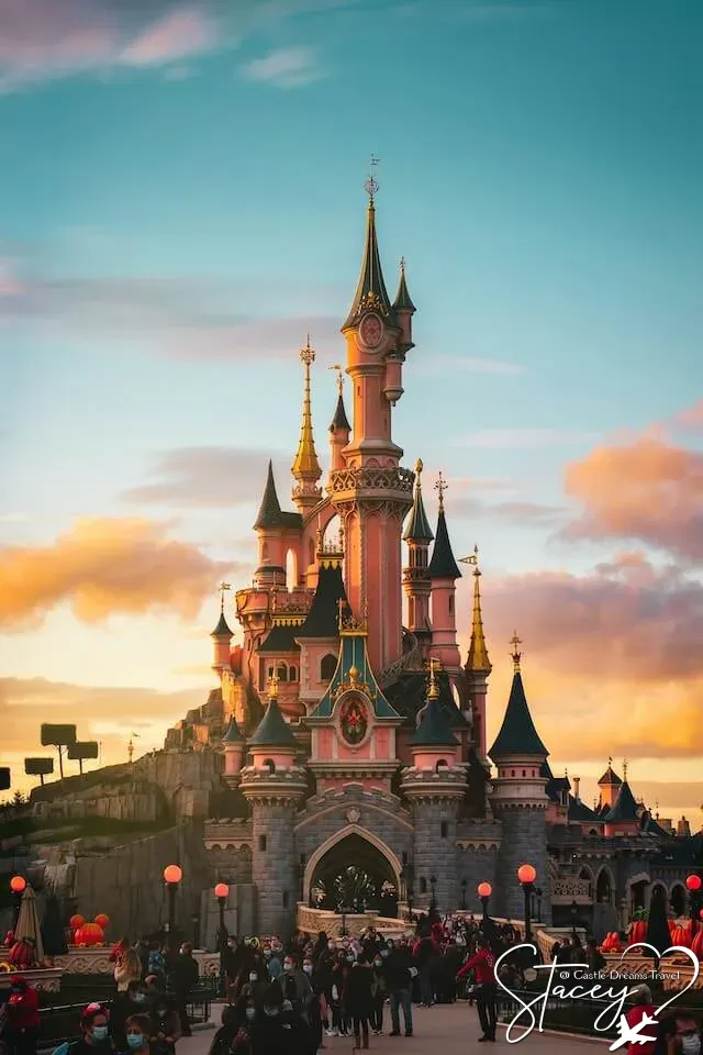 Sleeping Beauty Castle at Disneyland Paris at sunset