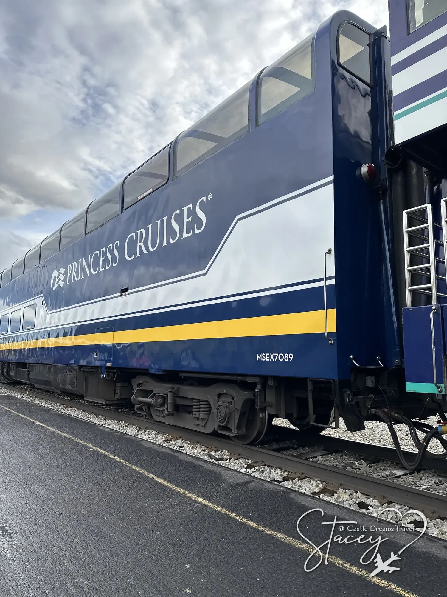 A blue and gold Princess Cruises rail car on the Alaska Railroad beside the platform
