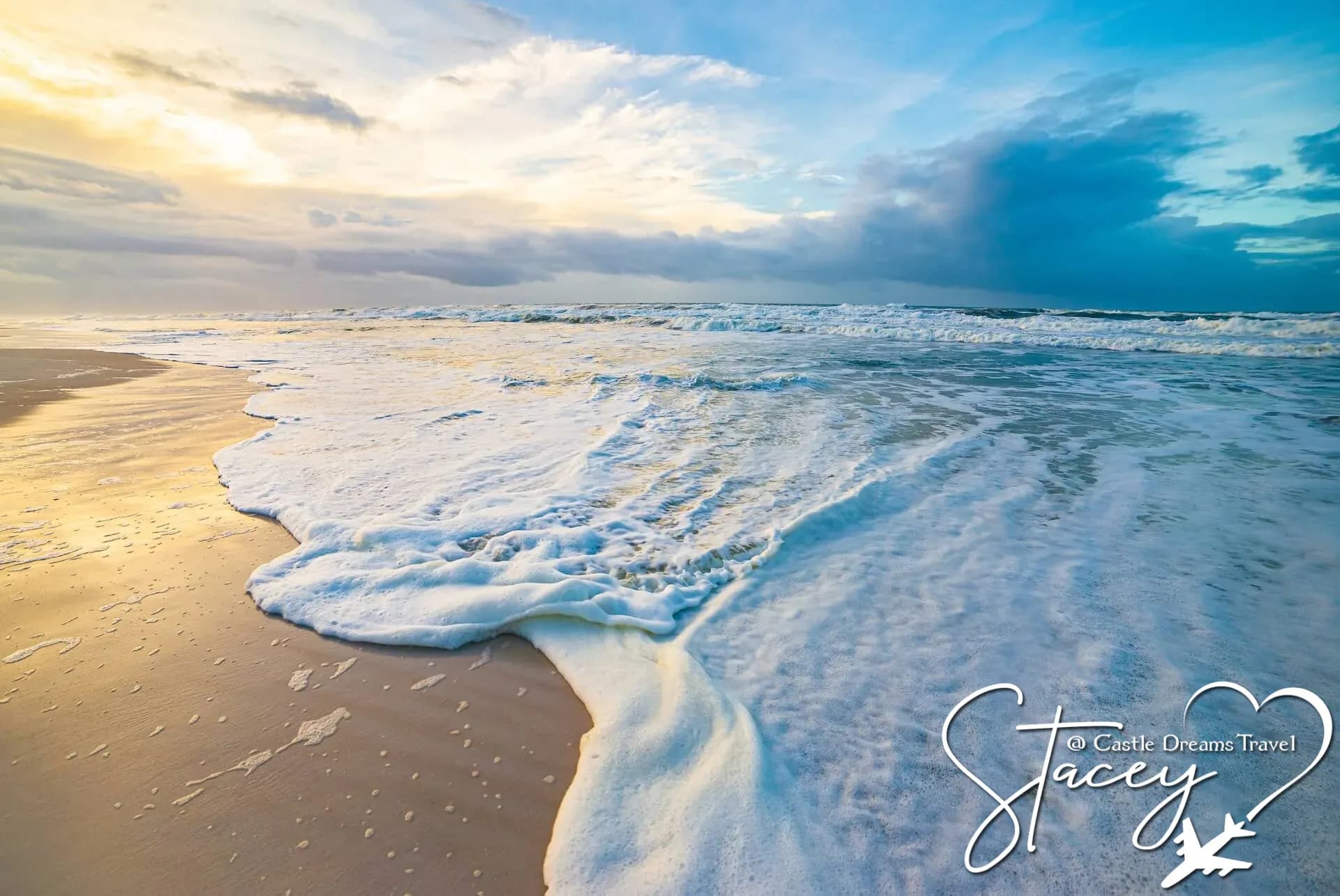 Surf washing over the white sand at Rosemary Beach on Florida's Gulf Coast