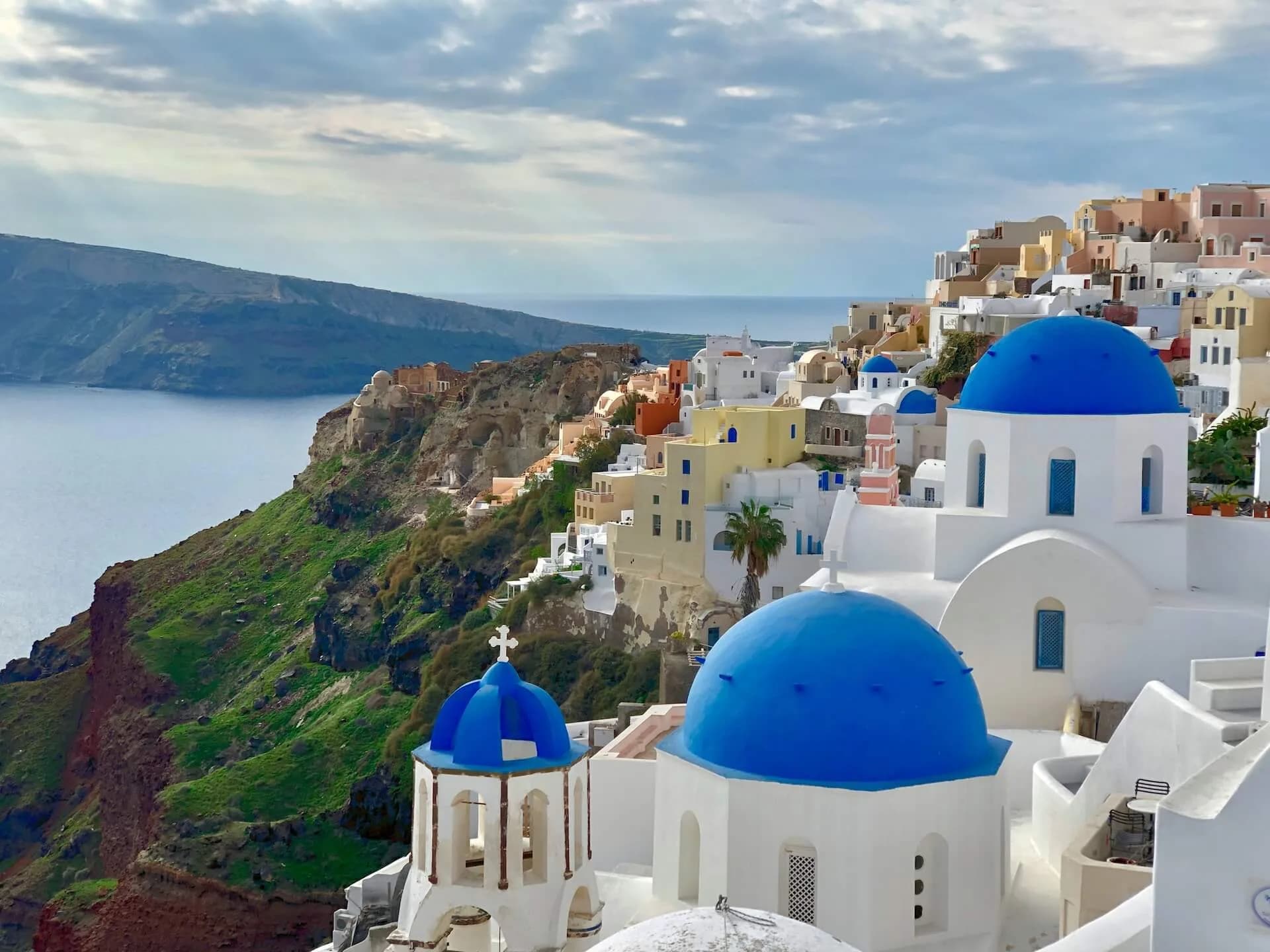 Whitewashed buildings overlooking the caldera on the Greek island of Santorini