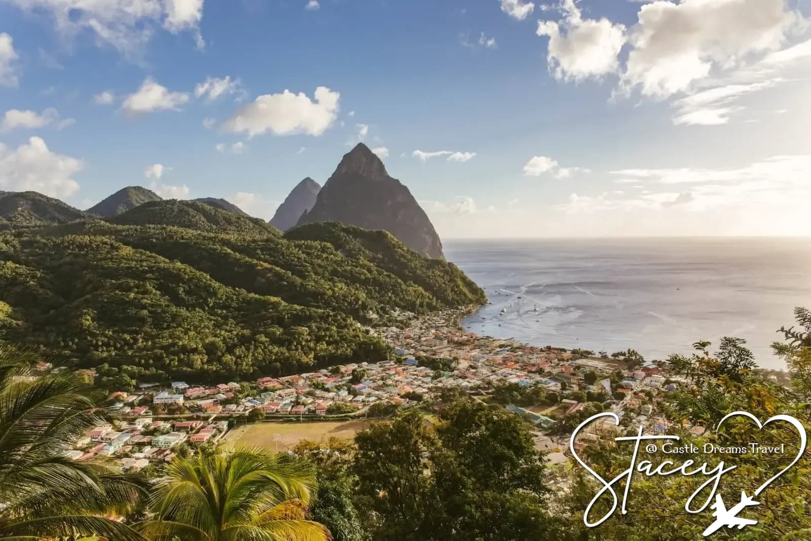 The Pitons rising dramatically from the sea in St. Lucia