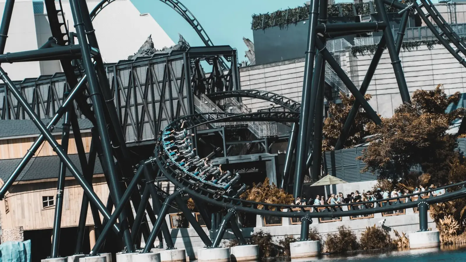 A roller coaster track winding through Universal Orlando Resort