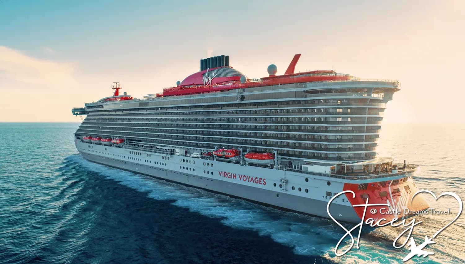 Virgin Voyages cruise ship at sea with its signature red-and-white livery