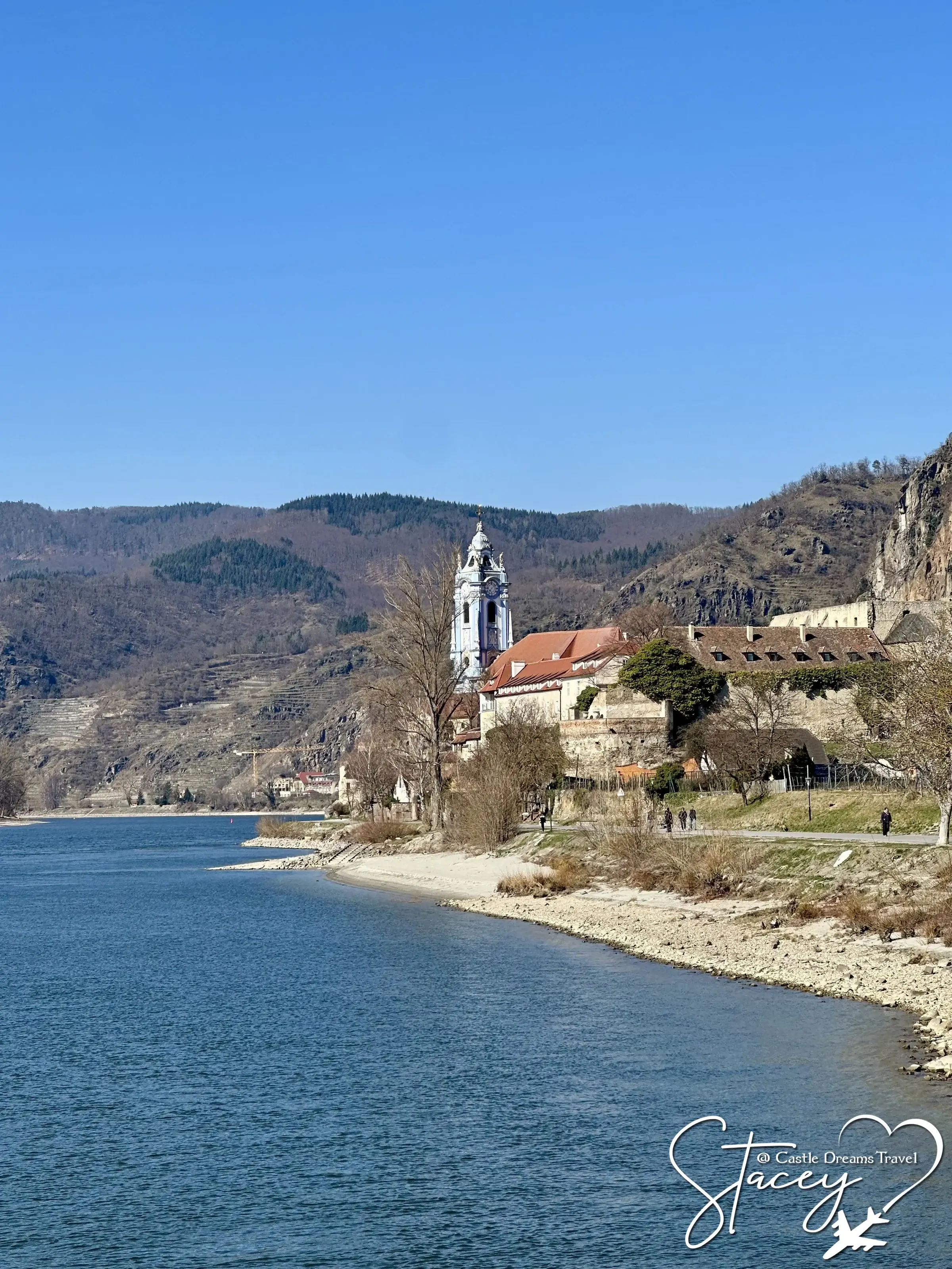 The blue-and-white tower of Dürnstein Abbey above the Danube, Wachau Valley, Austria